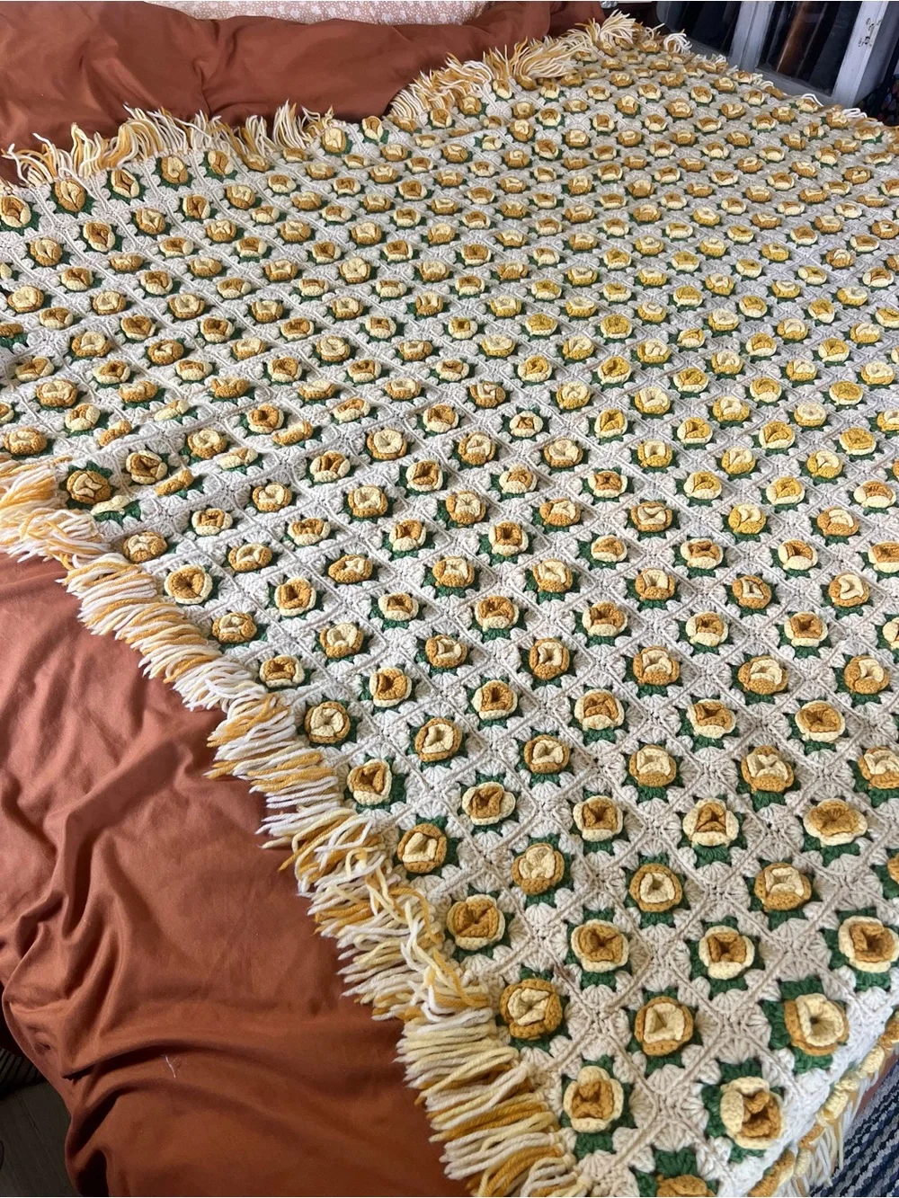 Vintage Crochet Granny Square Blanket Roses Fringe